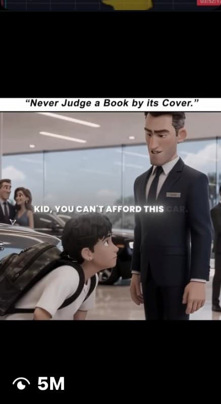 A reel on Instagram: a 3D animated boy and a salesman in a showroom, 5M views.