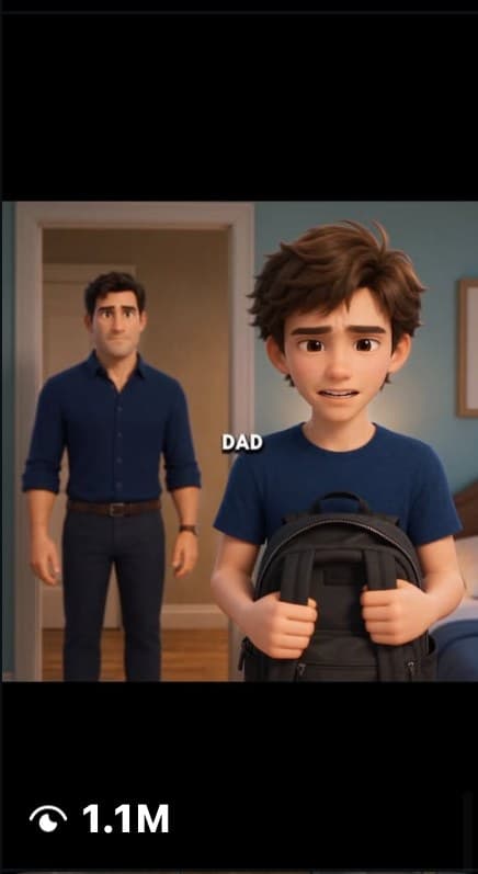 A reel on Instagram: a 3D animated boy with a backpack and his father, 1.1M views.