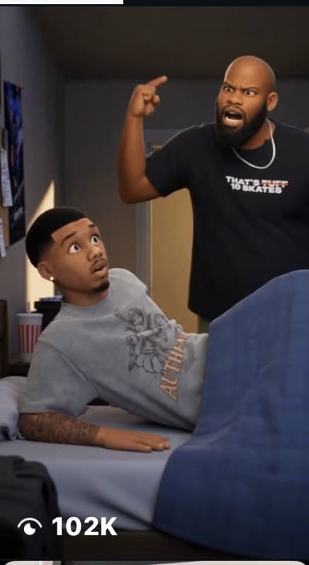 A reel on Instagram: a 3D animated bedroom scene, 102K views.
